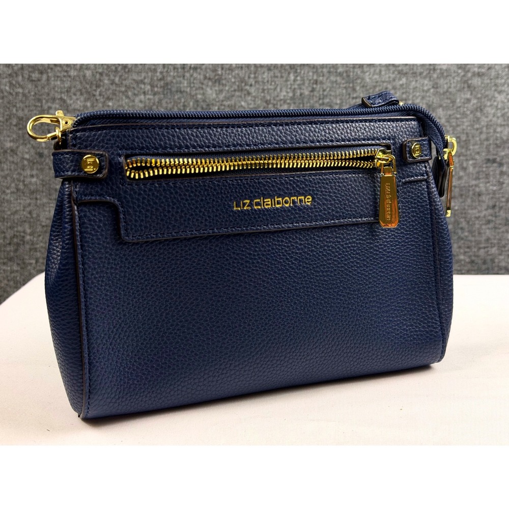 Liz Claiborne Navy Blue Leather Crossbody Bag Wristlet Clutch Gold Hardware Fall